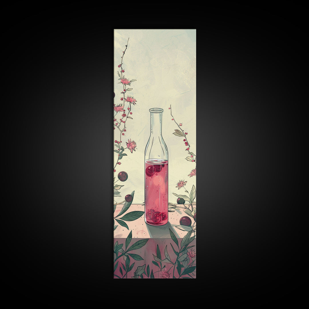 Skinny Art of Still Life with Elegant Glass Bottle and Floral Accents – Japanese-Inspired Framed Canvas Print