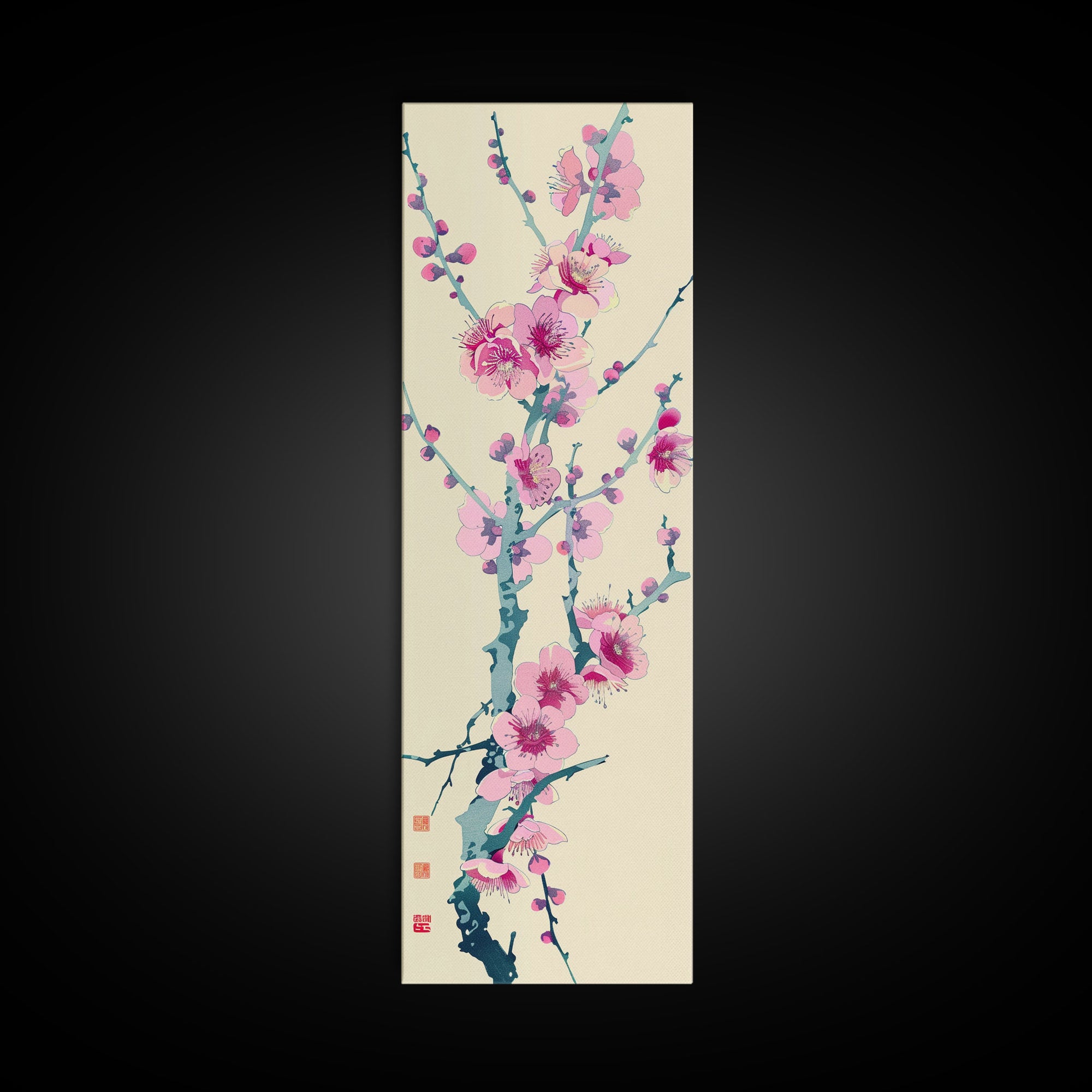 Plum Blossom Branch in Japanese Skinny Art with Delicate Pink Flowers – Framed Canvas Print
