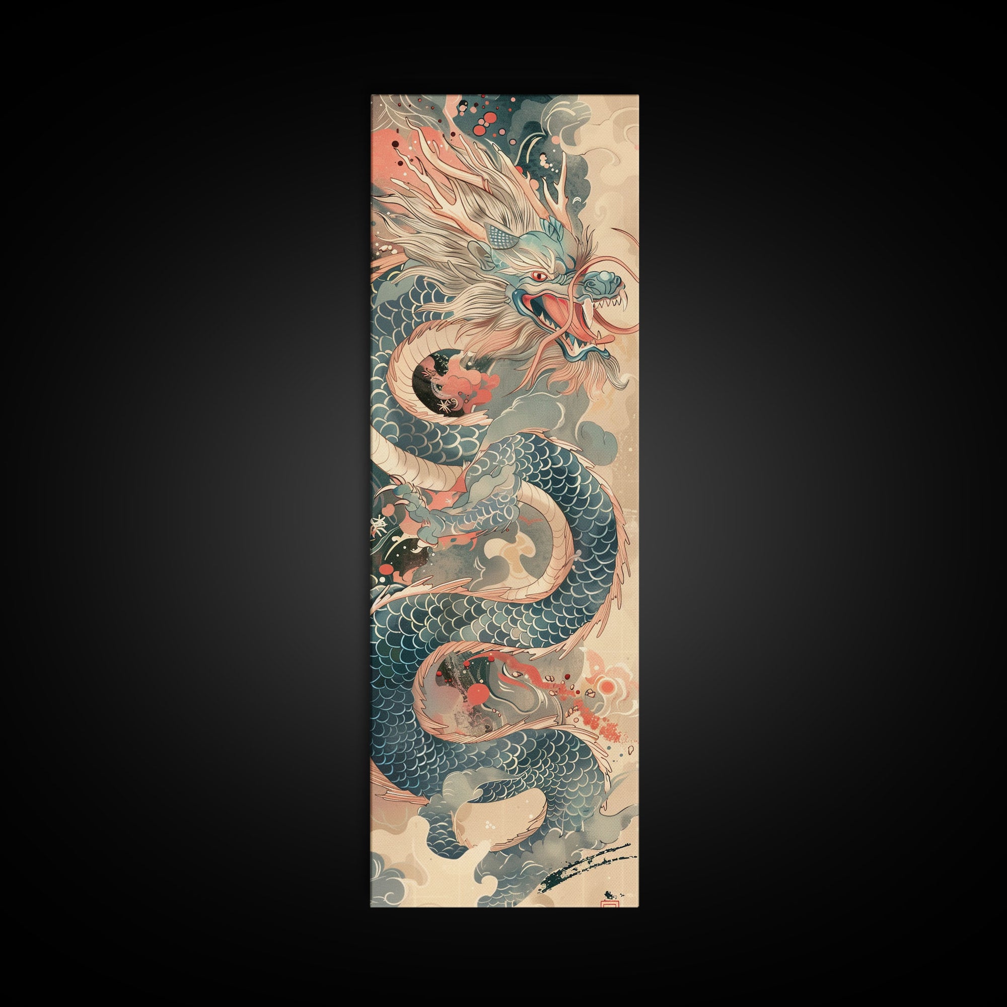 Mythical Japanese Dragon in Swirling Clouds – Skinny Art on Framed Canvas Print