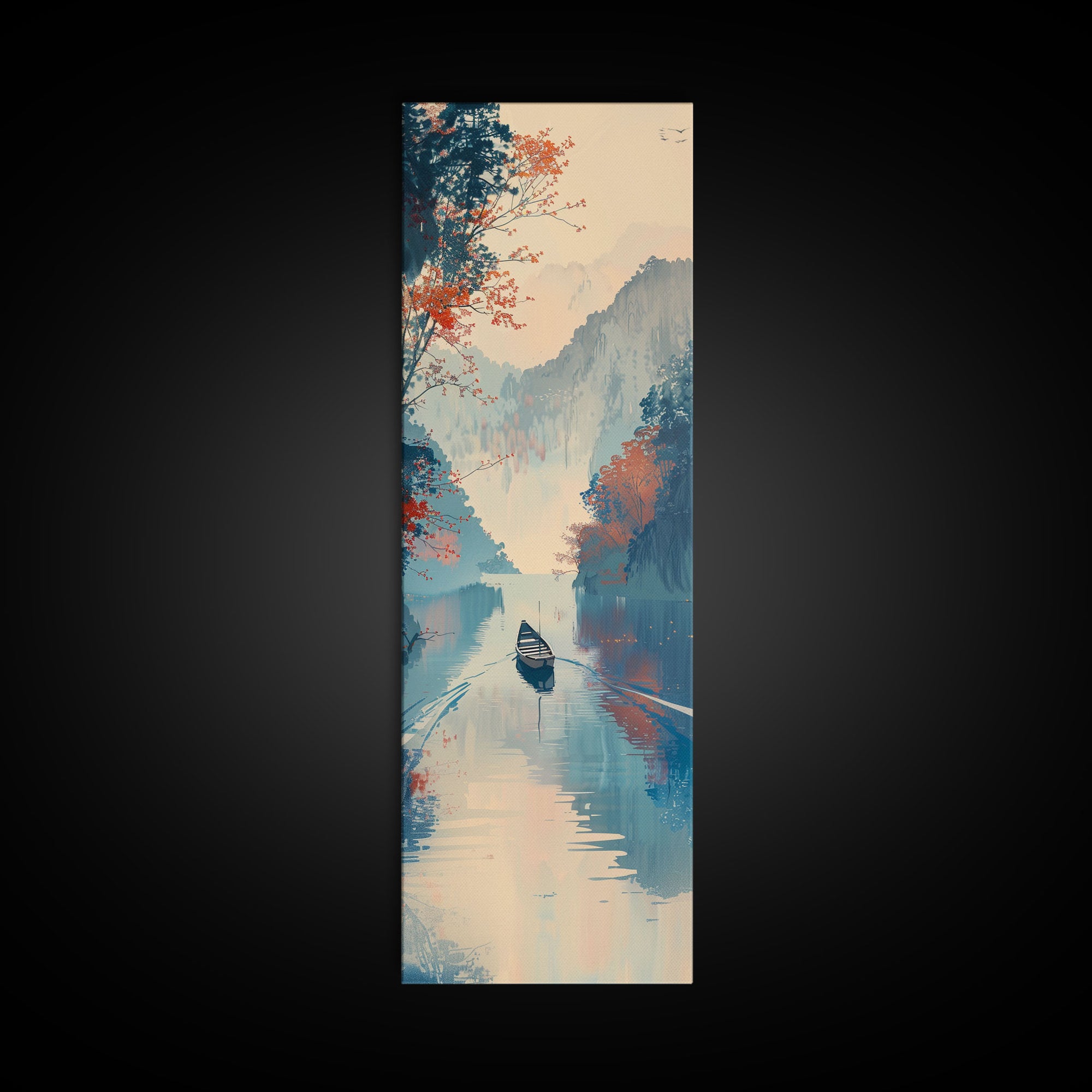 Serene Japanese Landscape Framed Canvas Print Featuring A Calm River Scene With Boat And Misty Mountains, Traditional Wall Art, Ready To Hang
