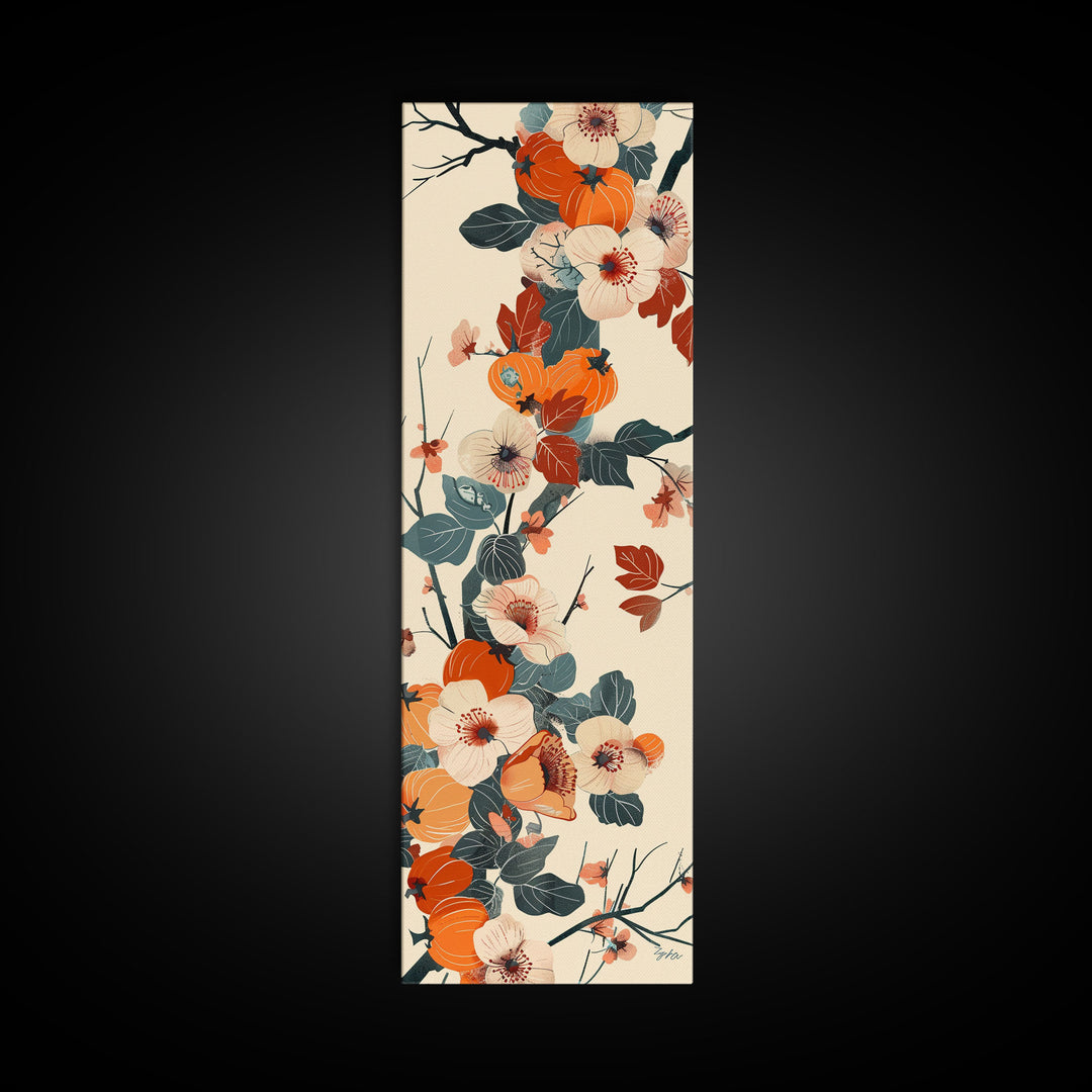 Skinny Art of Persimmon Branch with Delicate White Flowers – Japanese-Inspired Framed Canvas Print