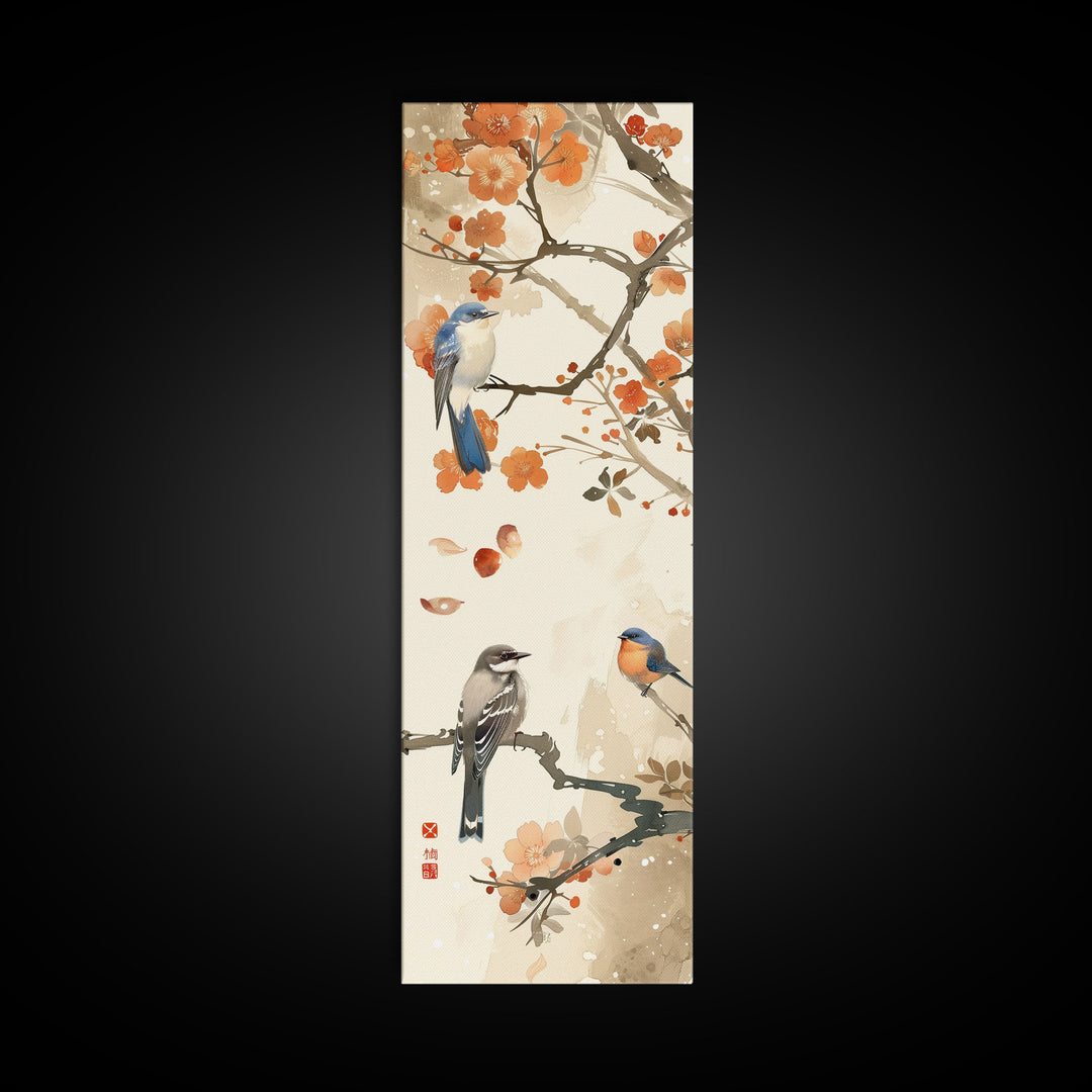 Japanese Art Inspired by Tranquil Birds and Blossoms, Framed Canvas Print for Tall Skinny Art Lovers in Ukiyo-e Style