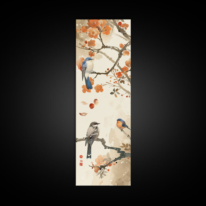 Japanese Art Inspired by Tranquil Birds and Blossoms, Framed Canvas Print for Tall Skinny Art Lovers in Ukiyo-e Style