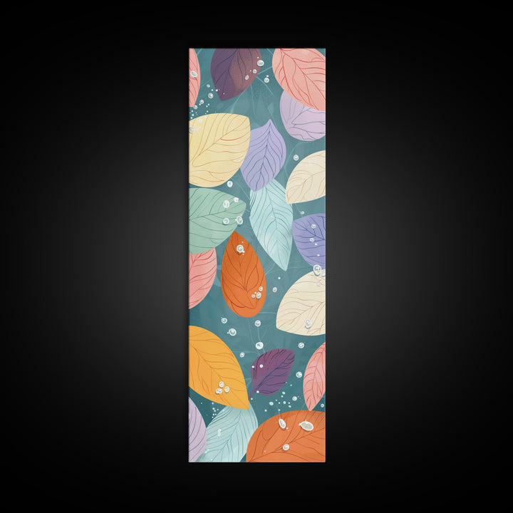Floating Leaves in Soft Pastel Colors, Skinny Tall Art with Japanese Influence, Framed Canvas Print in Ukiyo-e Style