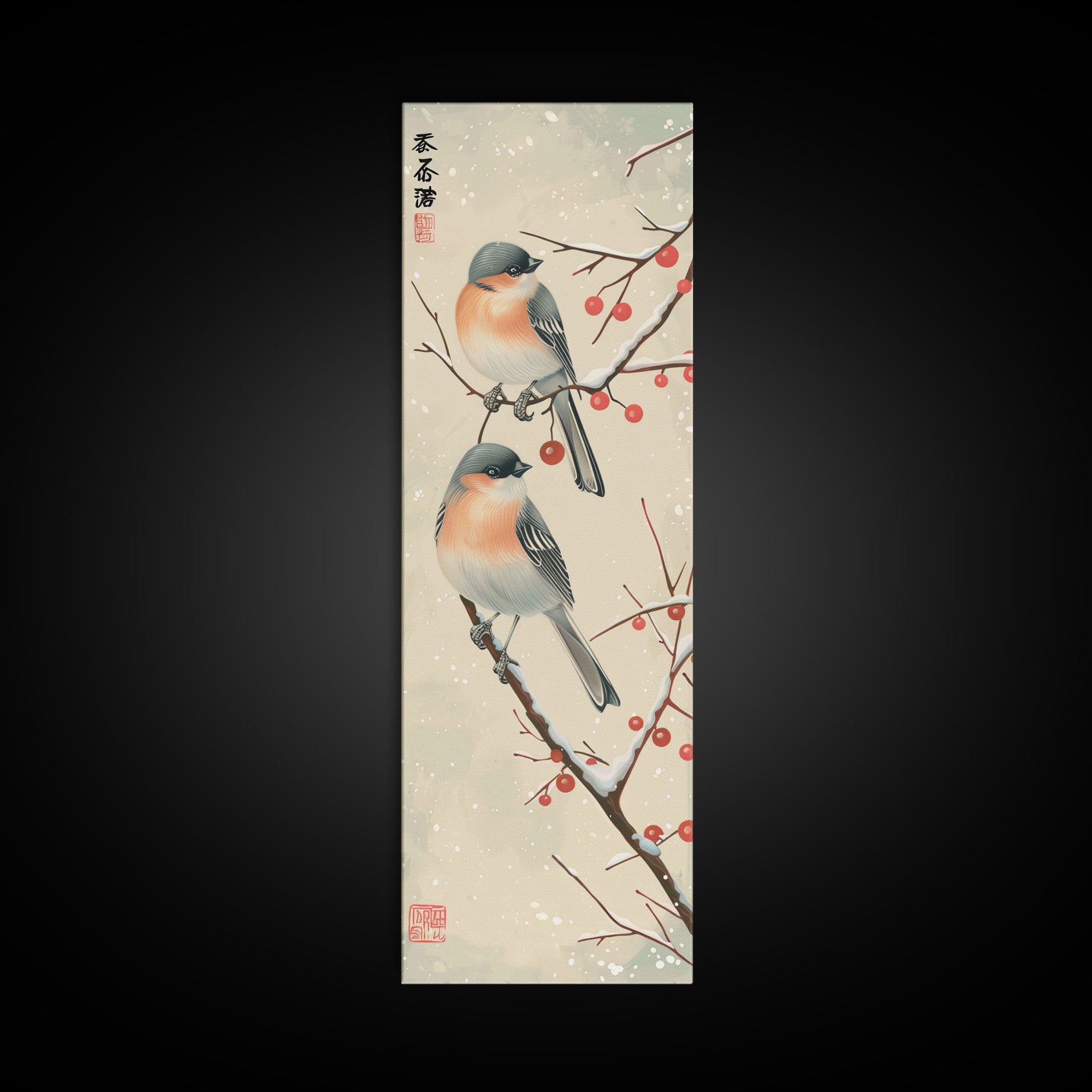 Pair of Birds on Snowy Branches, Japanese Art Framed Canvas Print, Tall and Skinny Wall Art in Ukiyo-e Style