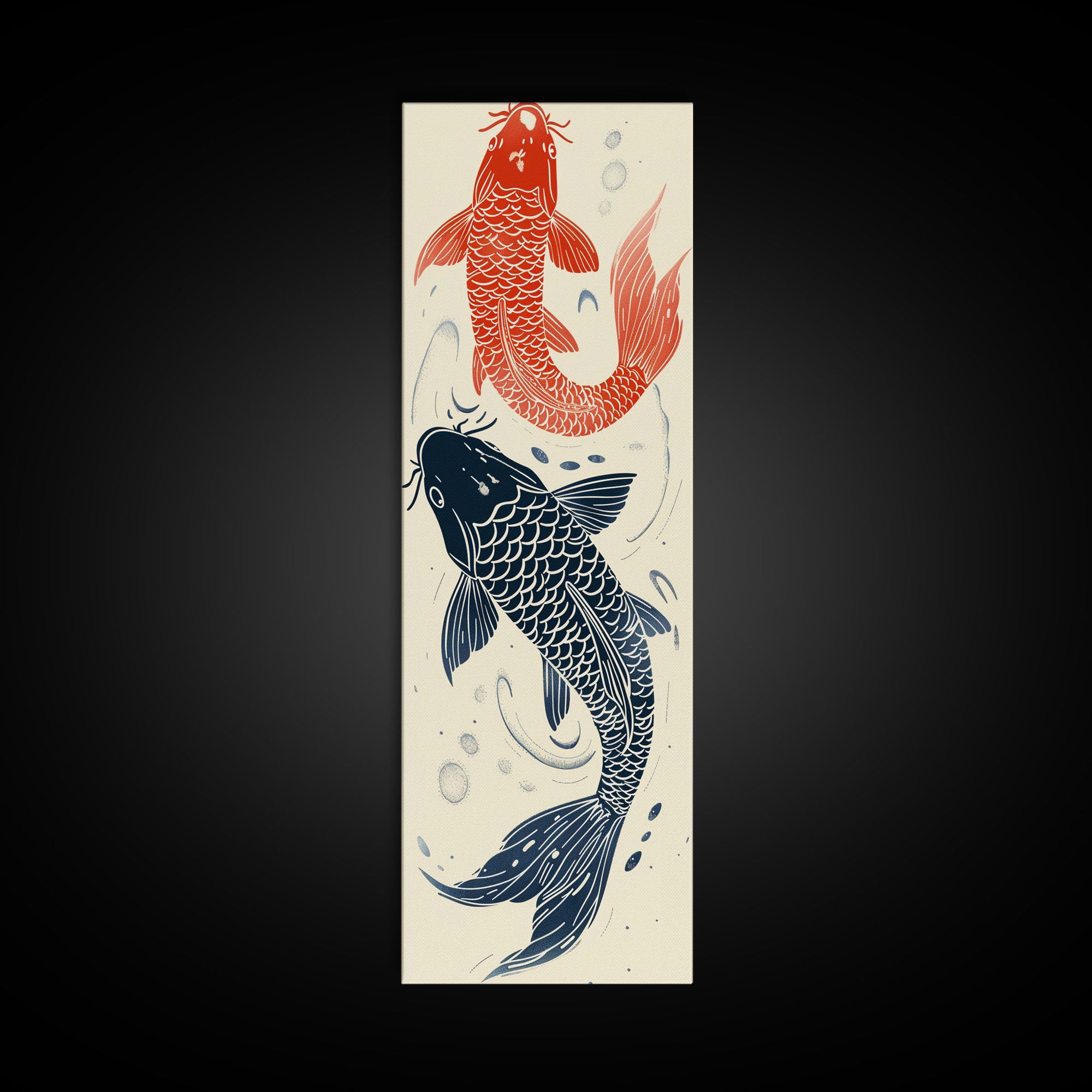 Elegant Koi Fish in Minimalist Japanese Art Style, Tall and Skinny Framed Canvas Print for Ukiyo-e Art Lovers