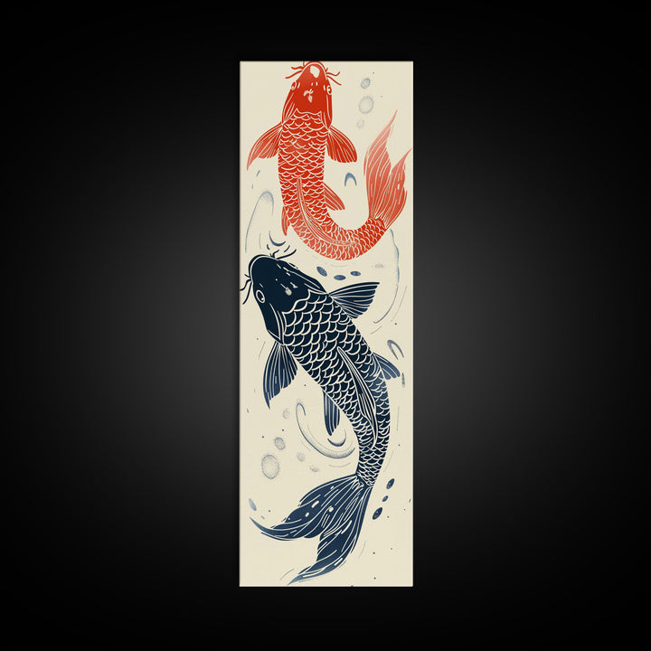 Elegant Koi Fish in Minimalist Japanese Art Style, Tall and Skinny Framed Canvas Print for Ukiyo-e Art Lovers
