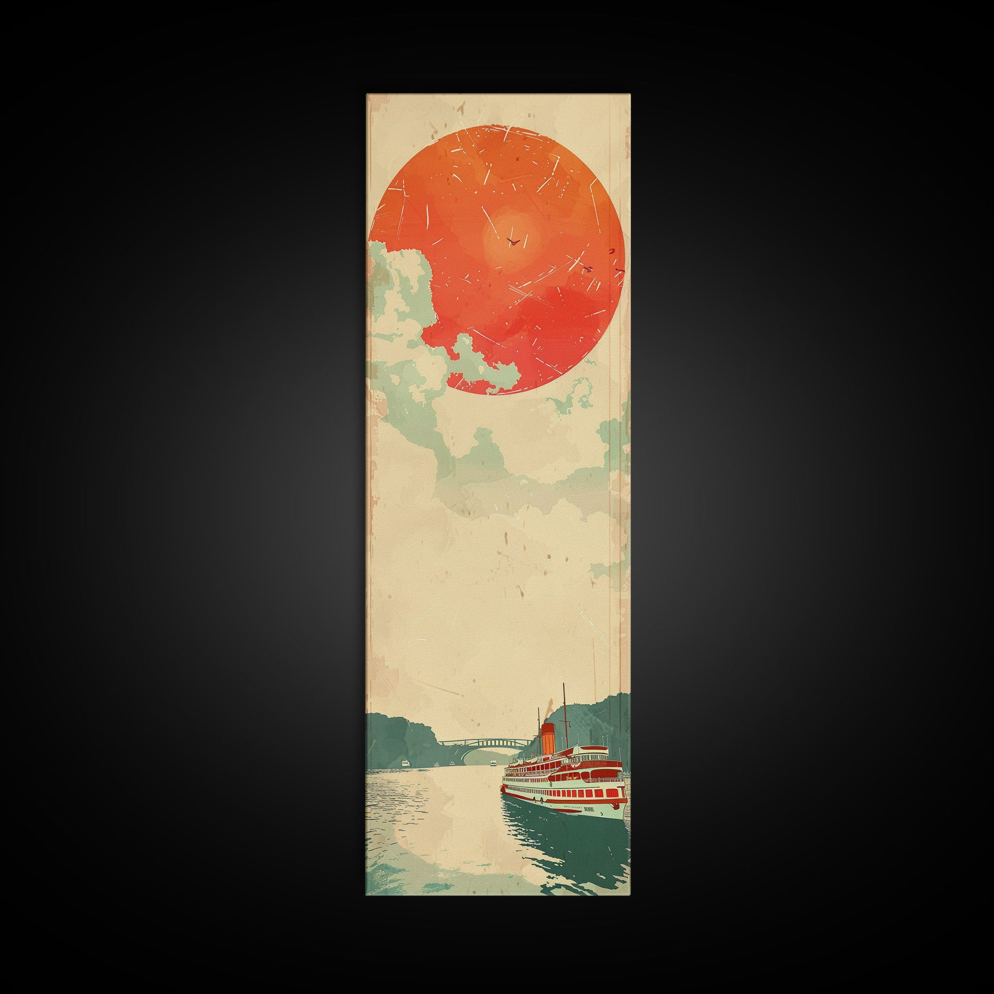 Large Red Sun Over River, Japanese Art Inspired by Ukiyo-e, Framed Canvas Print for Tall Skinny Wall Spaces