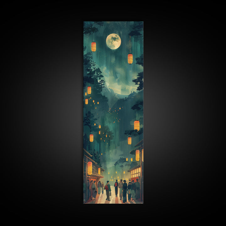 Framed Canvas Print Of A Nighttime Japanese Festival Scene With Lanterns And Pine Trees, Traditional Wall Art Ready To Hang