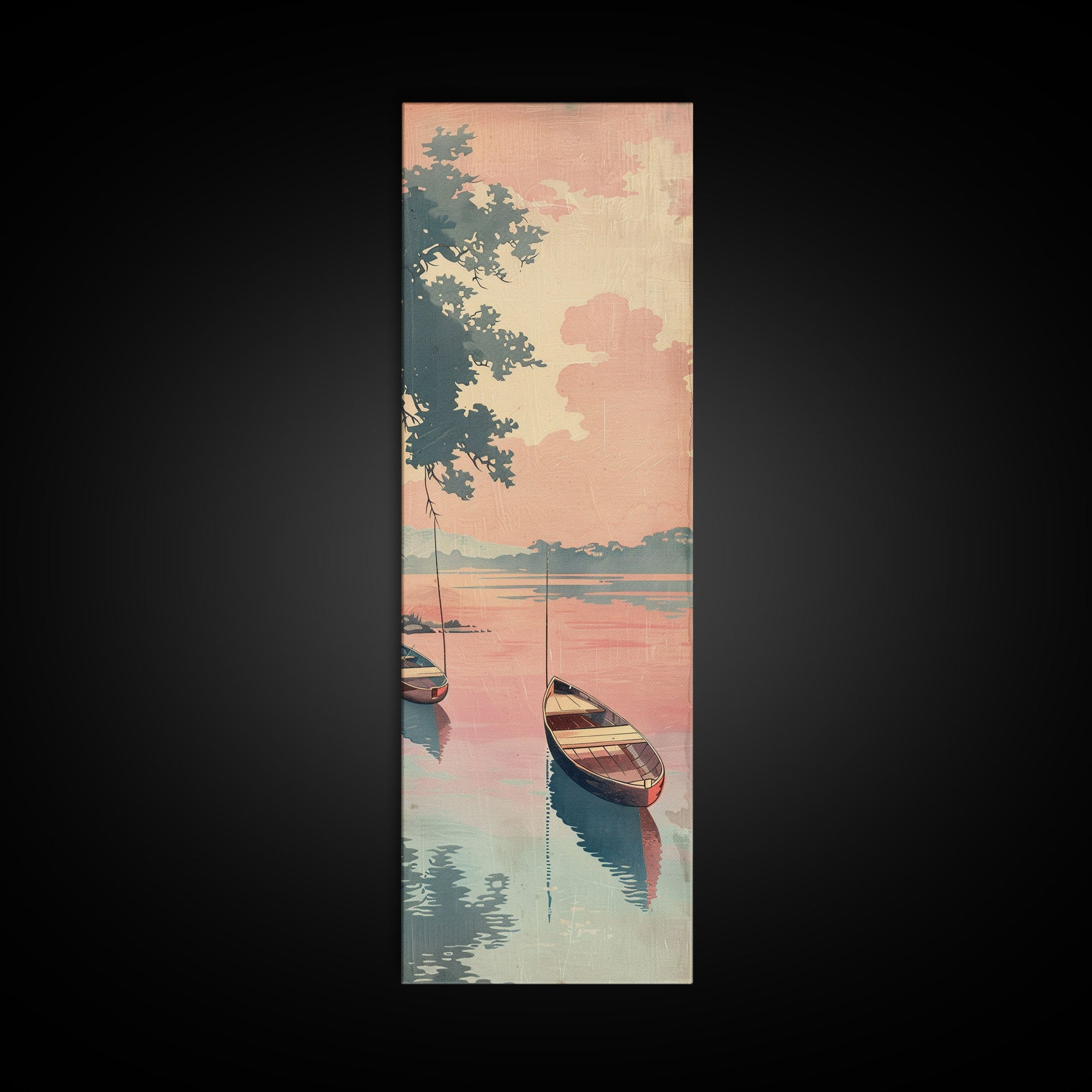 Serene Boat on Water, Autumn Trees, Japanese Art, Skinny Art, Tall Art, Framed Canvas Print, Ukiyo-e Style