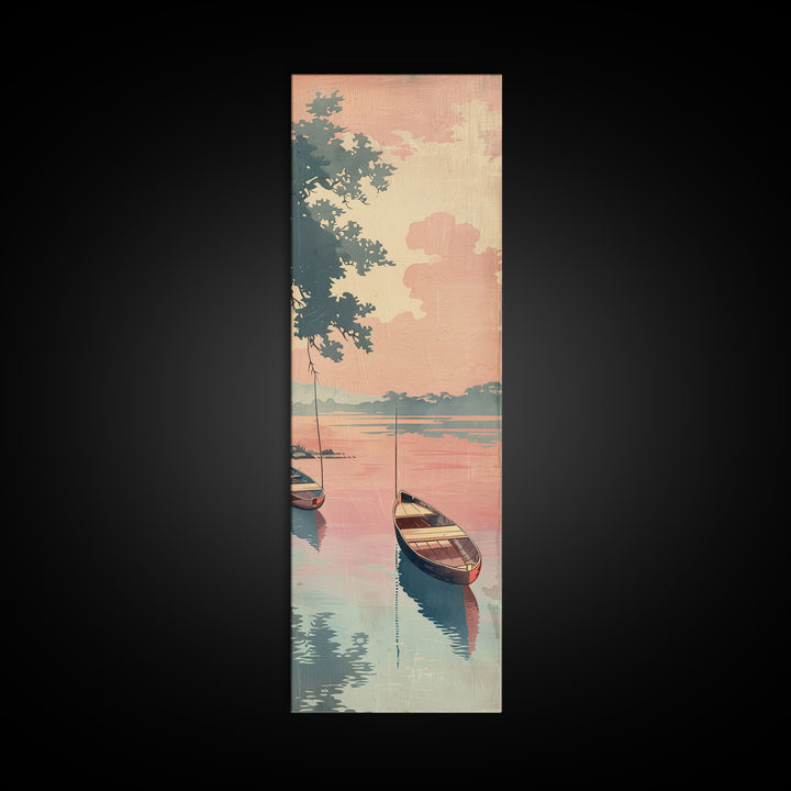 Serene Boat on Water, Autumn Trees, Japanese Art, Skinny Art, Tall Art, Framed Canvas Print, Ukiyo-e Style