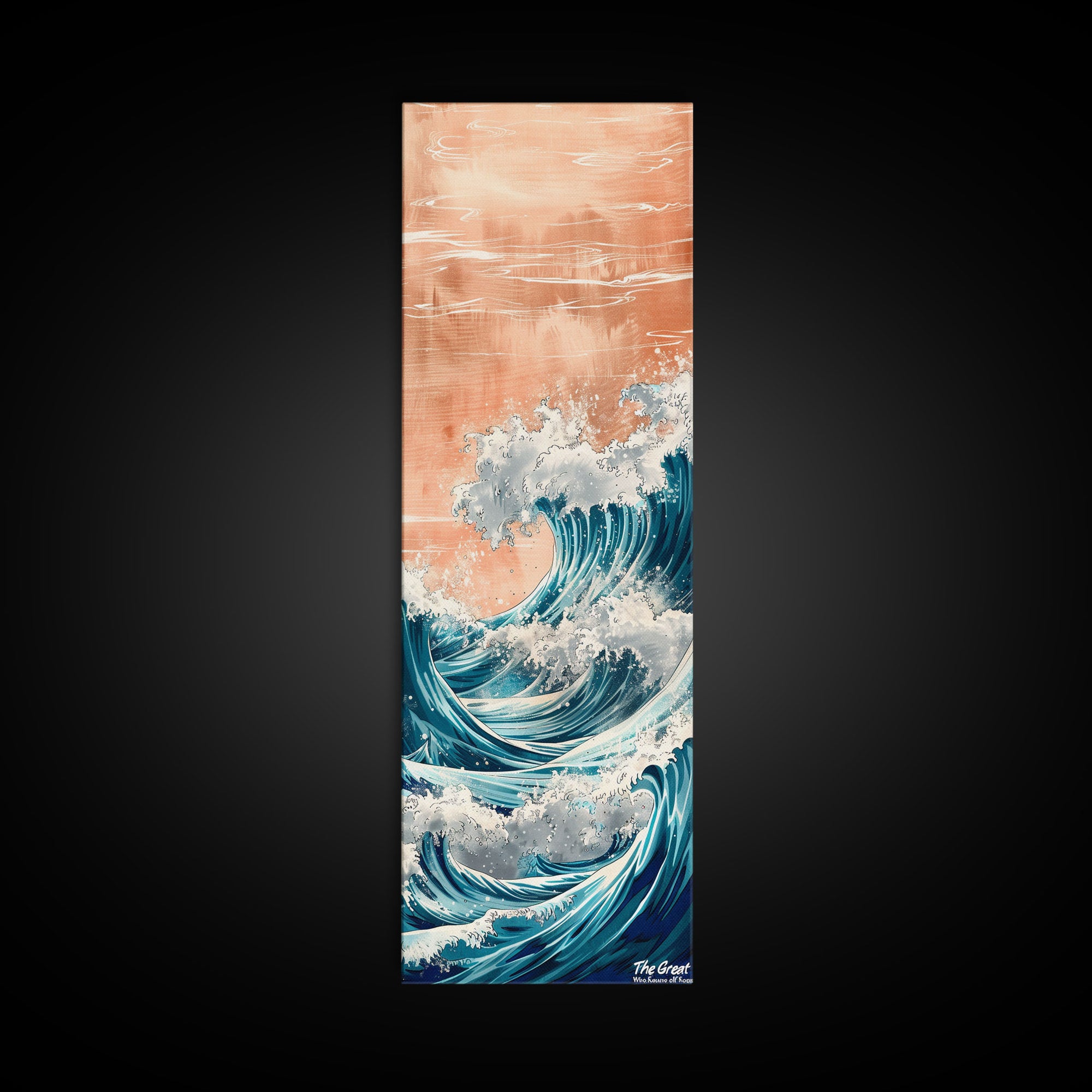 Majestic Wave, Peach Sky, Japanese Art, Skinny Art, Tall Art, Framed Canvas Print, Ukiyo-e Style