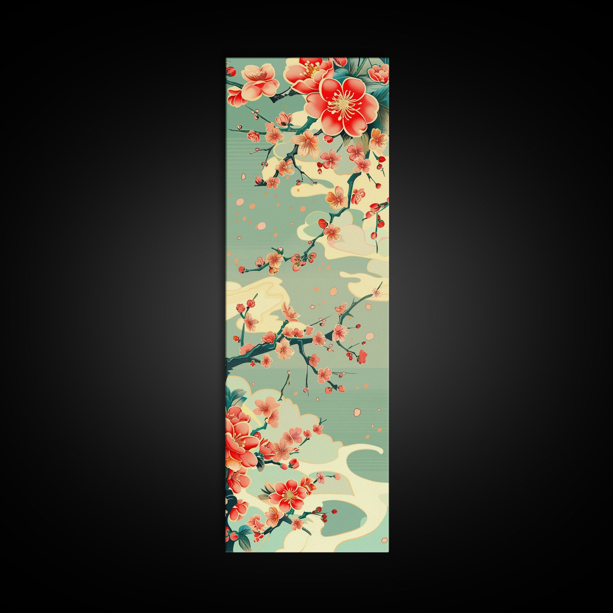 Plum Blossoms, Turquoise Sky, Japanese Art, Skinny Art, Tall Art, Framed Canvas Print, Ukiyo-e Style