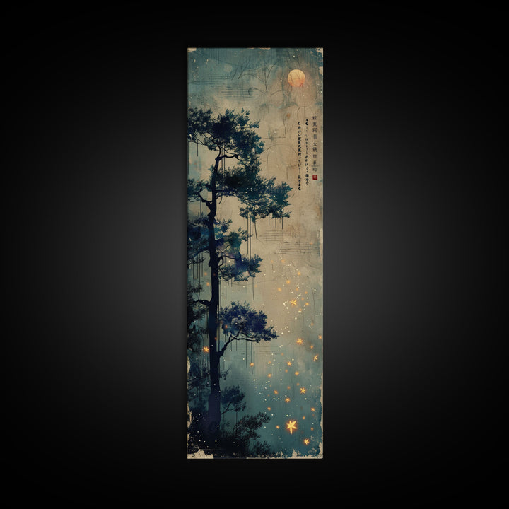 Pine Tree, Moonlit Sky, Japanese Art, Skinny Art, Tall Art, Framed Canvas Print, Ukiyo-e Style