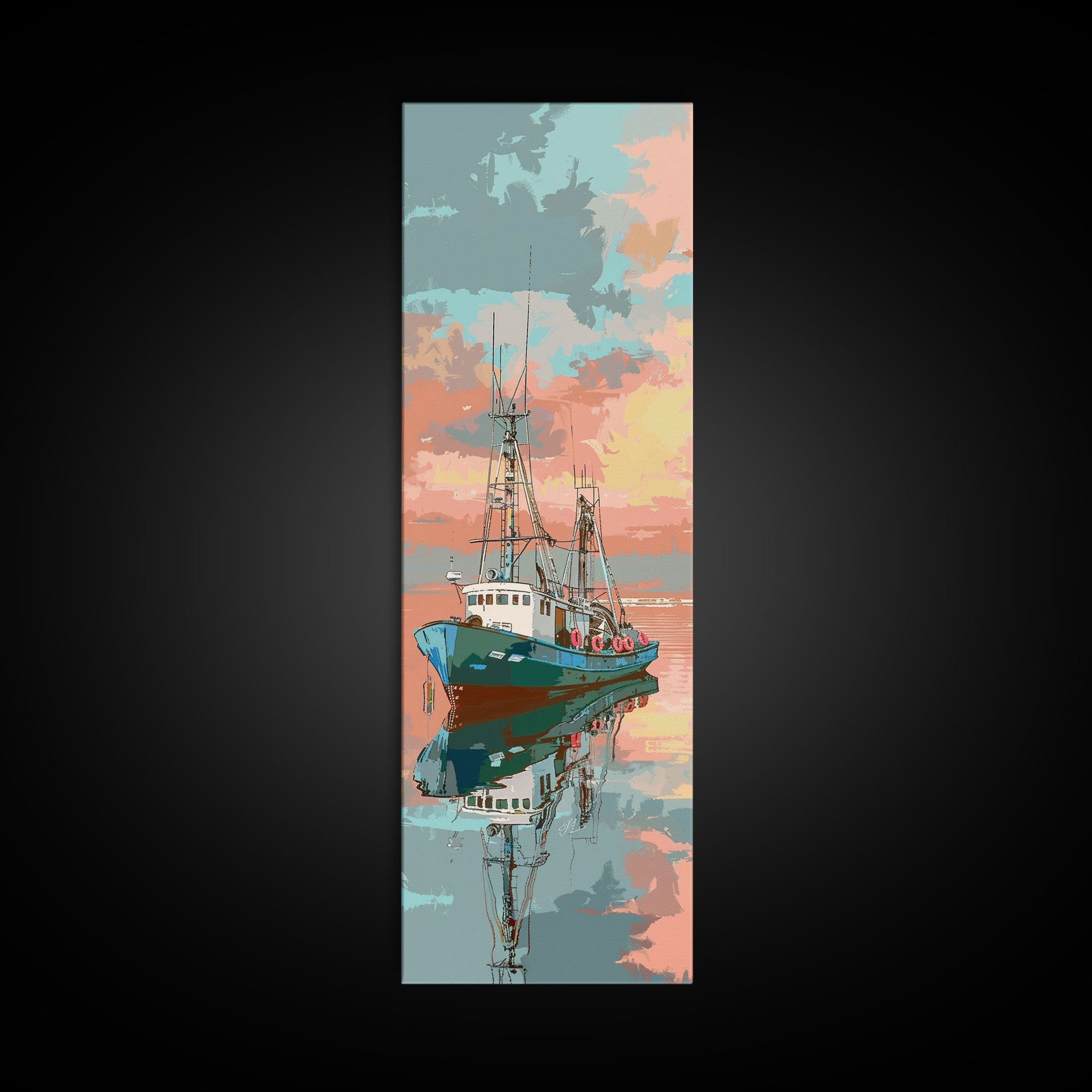 Fishing Boat, Calm Waters, Japanese Art, Skinny Art, Tall Art, Framed Canvas Print, Ukiyo-e Style