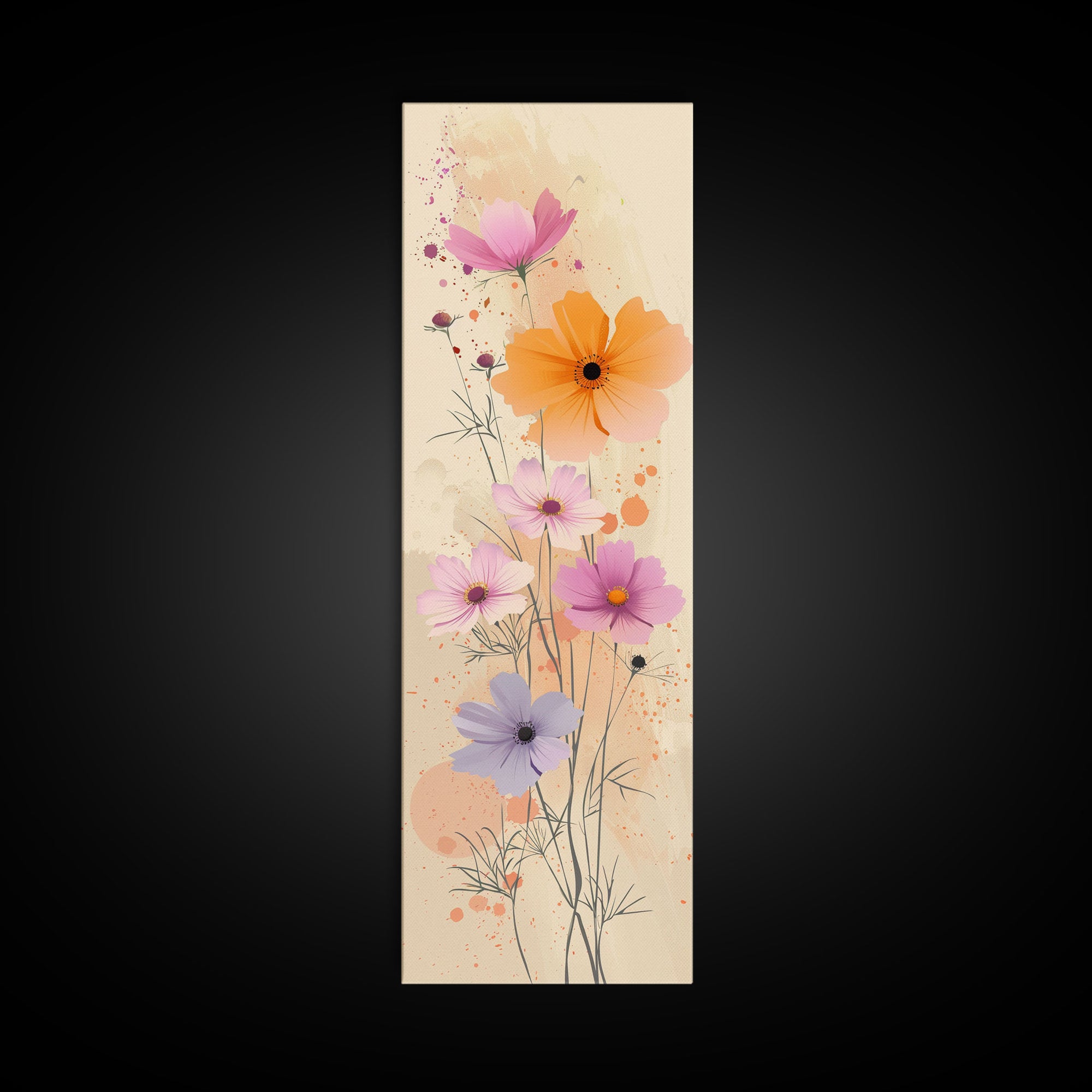 Delicate Flowers in Soft Pastel Colors Skinny Art Ukiyo-e Style Tall Framed Canvas Print for Home Décor