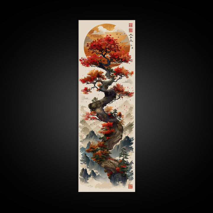 Majestic Bonsai Tree Under the Golden Sun Skinny Art Ukiyo-e Tall Framed Canvas Print with Mountain Landscape