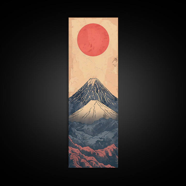 Mount Fuji Under a Red Sun Skinny Art Ukiyo-e Tall Framed Canvas Print Inspired by Japanese Landscape