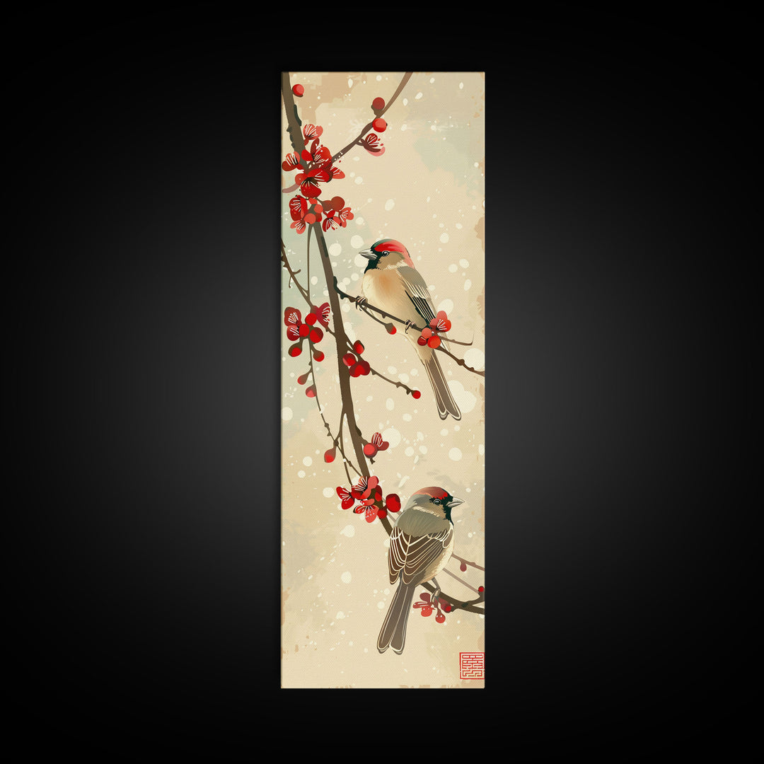 Skinny Art Sparrows And Cherry Blossoms In Japanese Style Wood Block Print Gentle Color Palette On Framed Canvas Print, Tall Art Ukiyo-e