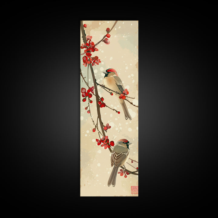 Skinny Art Sparrows And Cherry Blossoms In Japanese Style Wood Block Print Gentle Color Palette On Framed Canvas Print, Tall Art Ukiyo-e