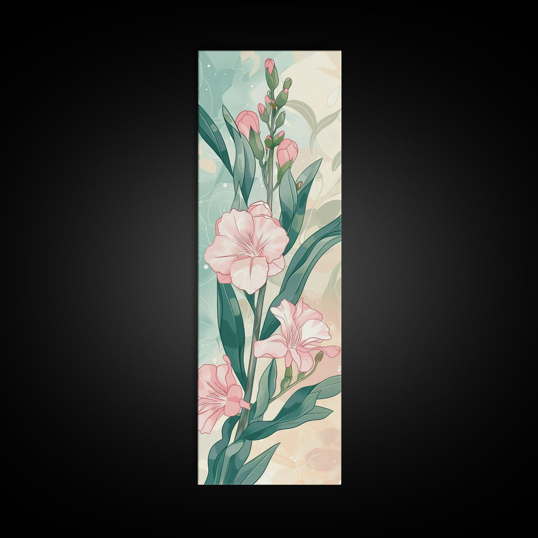 Skinny Art Pink Oleander Flowers In Japanese Style Wood Block Print Elegant Pastel Hues On Framed Canvas Print, Tall Art Ukiyo-e