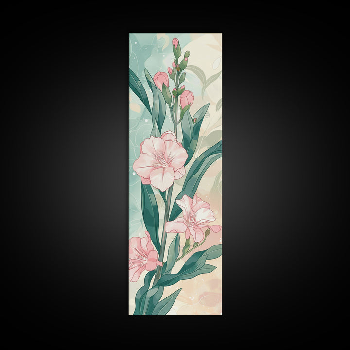 Skinny Art Pink Oleander Flowers In Japanese Style Wood Block Print Elegant Pastel Hues On Framed Canvas Print, Tall Art Ukiyo-e