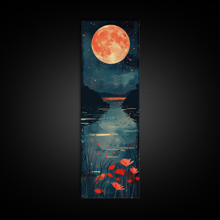 Skinny Art Full Moon Over Lake In Japanese Style Wood Block Print Vibrant Night Scene On Framed Canvas Print, Tall Art Ukiyo-e