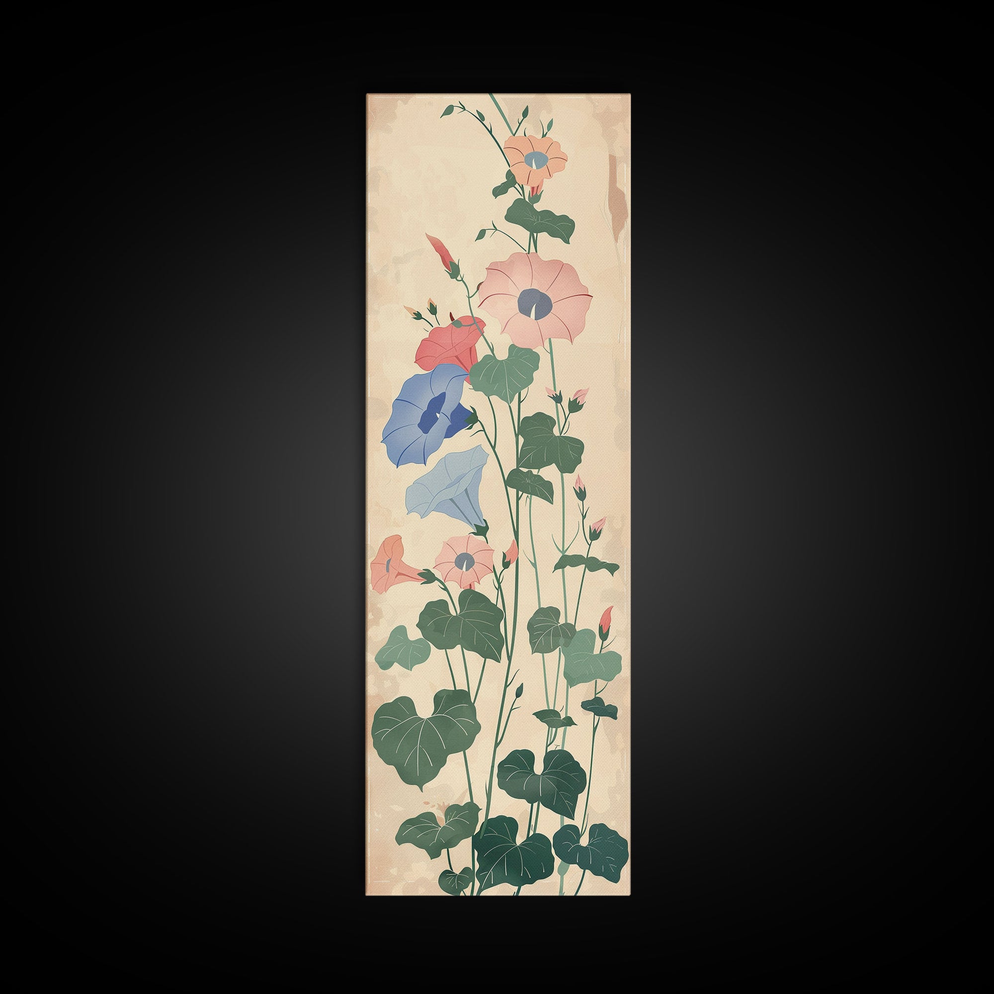 Skinny Art Tall Art Framed Canvas Print Stylized Morning Glory Blossoms In Subtle Pastel Hues Ukiyo-e Japanese Style Art Wood Block Print