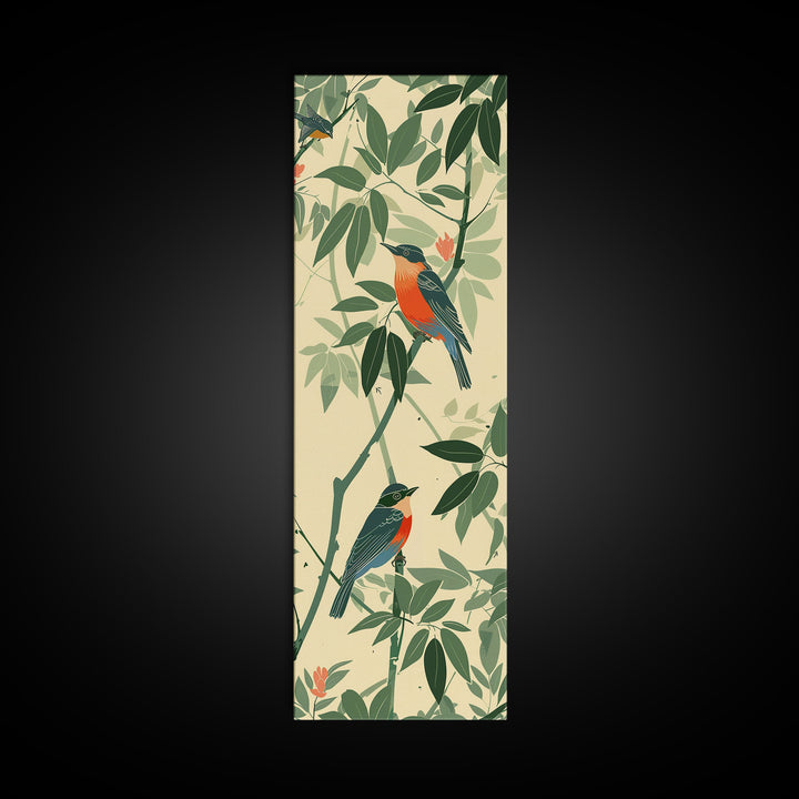 Skinny Art Tall Art Framed Canvas Print Birds Amongst Dense Greenery And Red Flowers Ukiyo-e Japanese Style Art Wood Block Print