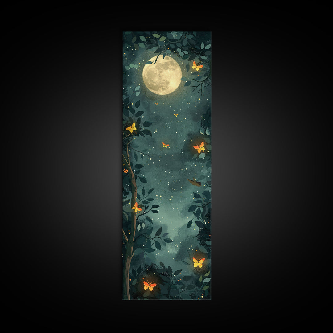 Full Moon And Butterflies In A Night Forest Japanese Style Framed Canvas Print, Wall Art Ready To Hang For Your Home