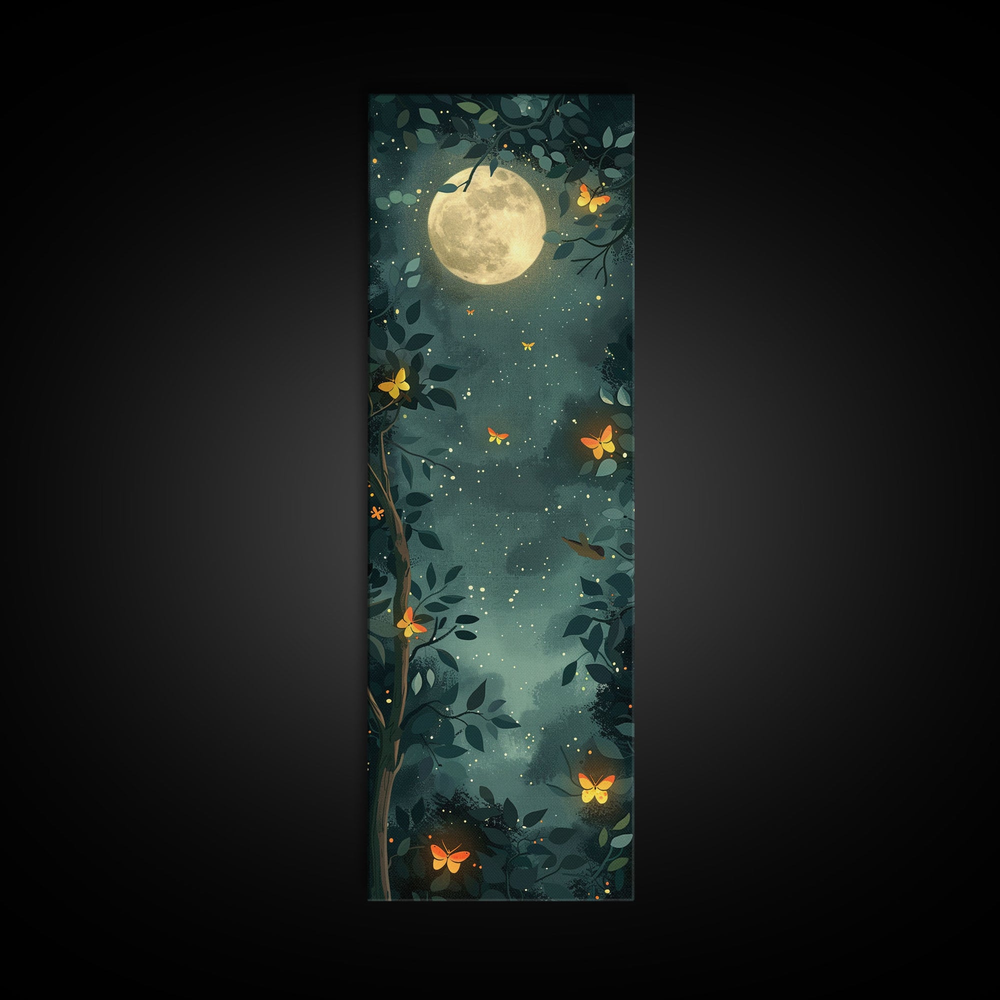 Full Moon And Butterflies In A Night Forest Japanese Style Framed Canvas Print, Wall Art Ready To Hang For Your Home