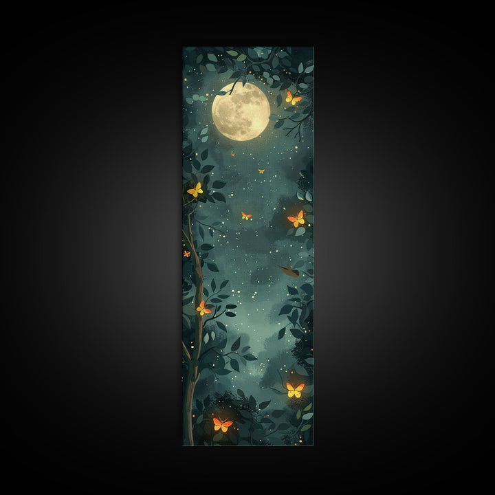 Full Moon And Butterflies In A Night Forest Japanese Style Framed Canvas Print, Wall Art Ready To Hang For Your Home