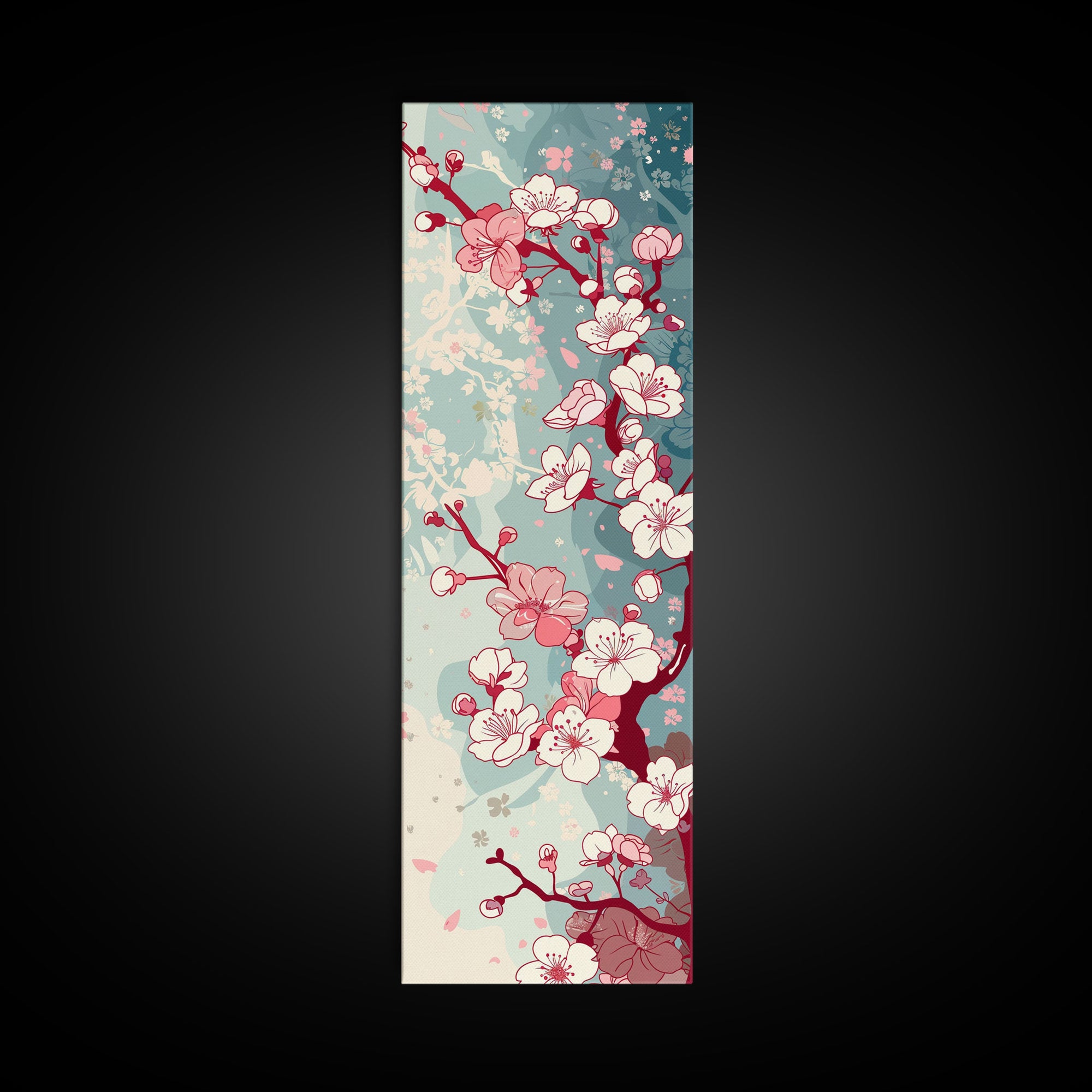 Delicate Pink Flowers On Branch Gentle Tones Skinny Art Tall Art Framed Canvas Print Japanese Style Art Ukiyo-e Art Wood Block Print Floral