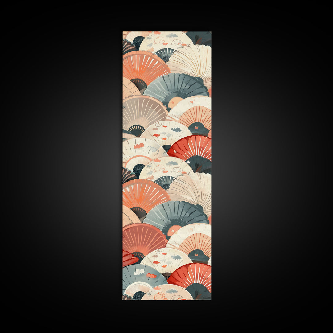 Pattern Of Overlapping Japanese Fans On Beige Background Tall Art Skinny Art Framed Canvas Print Japanese Style Art Ukiyo-e Wood Block Print