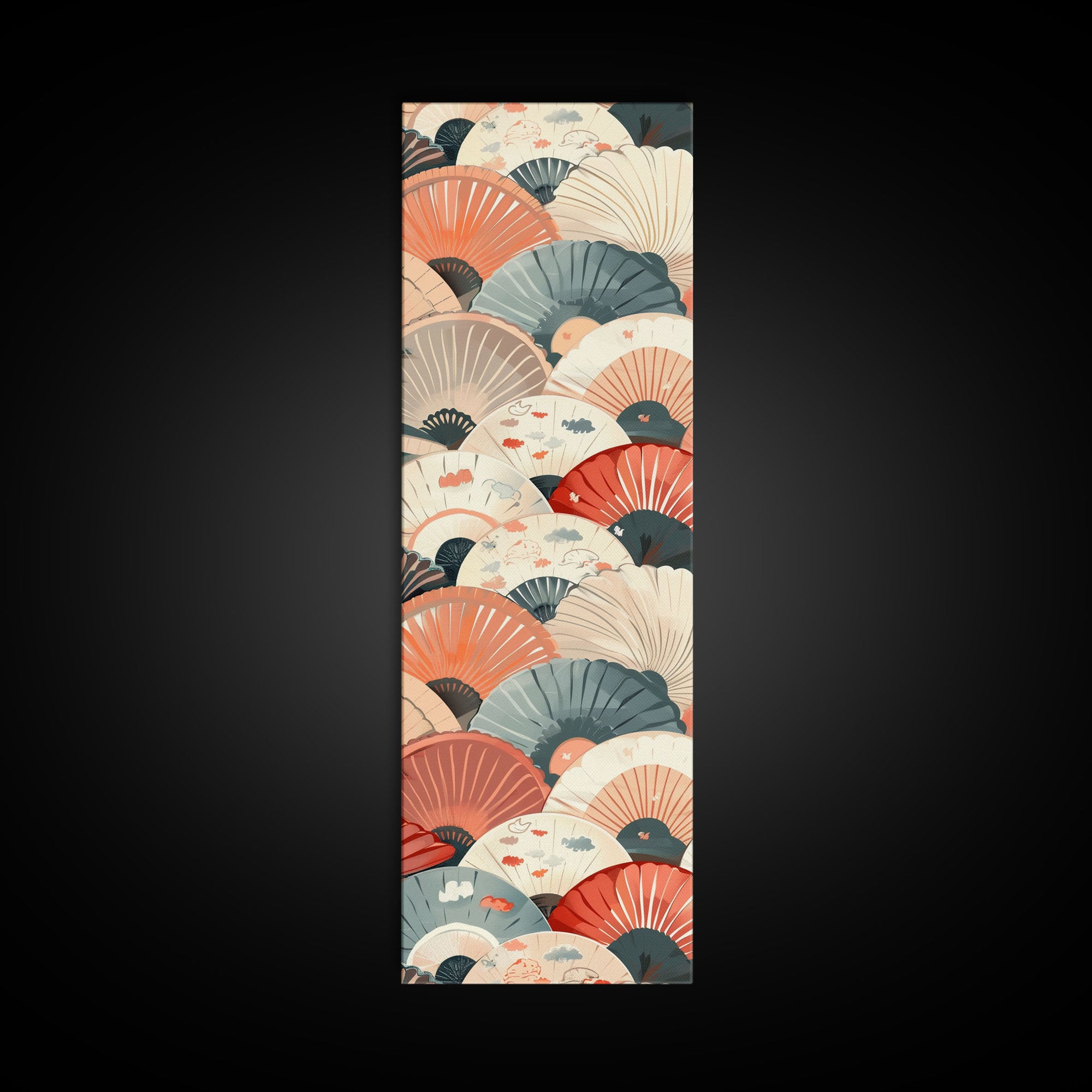 Pattern Of Overlapping Japanese Fans On Beige Background Tall Art Skinny Art Framed Canvas Print Japanese Style Art Ukiyo-e Wood Block Print