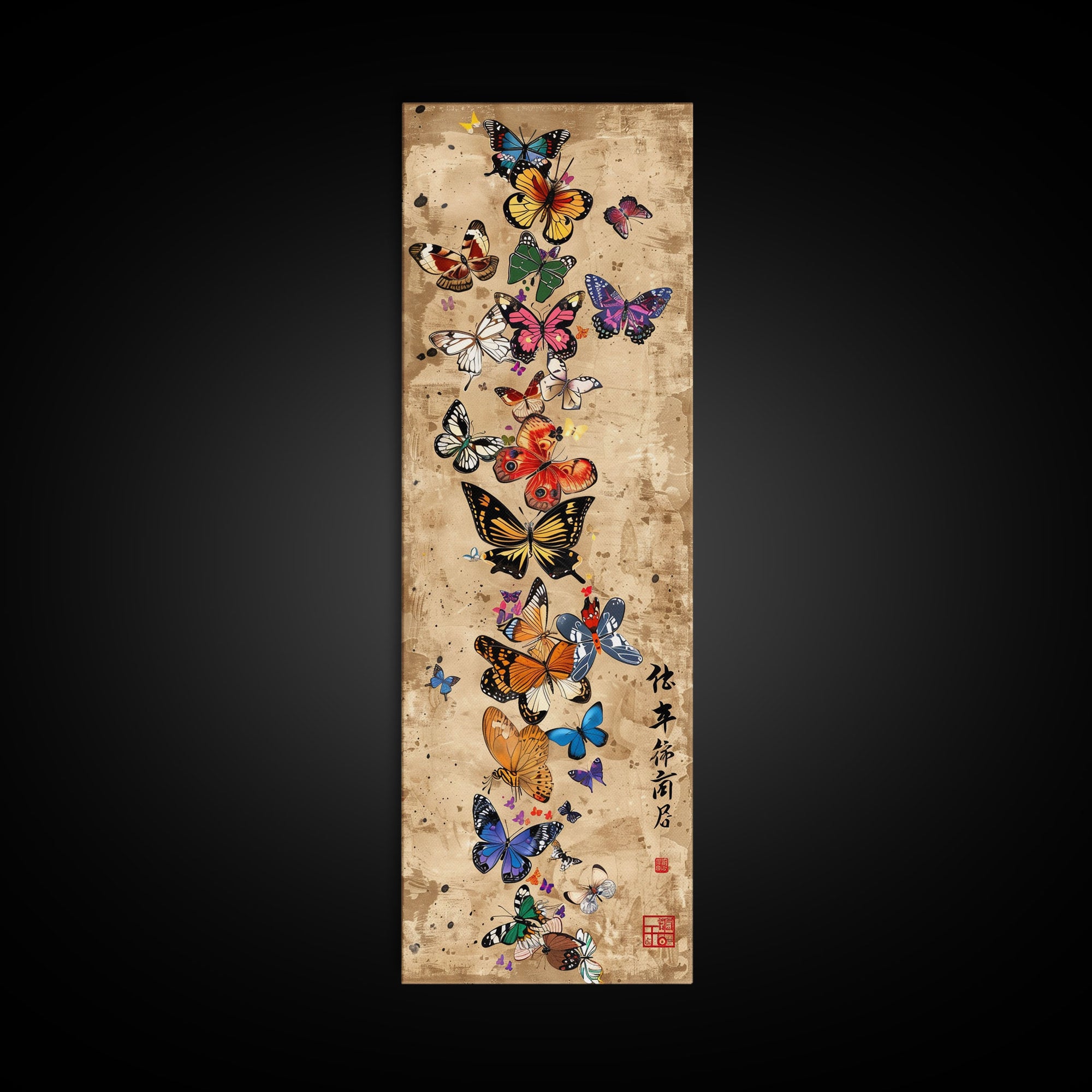 Butterflies In Spiral Formation On Light Brown Canvas Tall Art Skinny Art Framed Canvas Print Japanese Style Art Ukiyo-e Wood Block Print