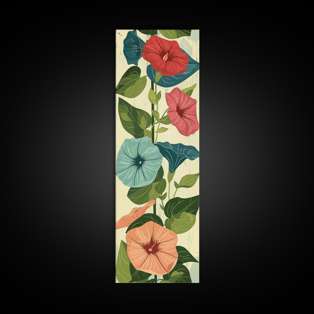 Morning Glory Flowers In Vibrant Red And Blue Shades Tall Art Skinny Art Framed Canvas Print Japanese Style Art Ukiyo-e Wood Block Print
