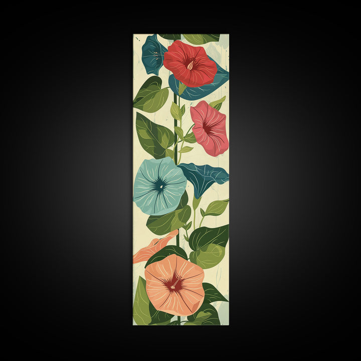Morning Glory Flowers In Vibrant Red And Blue Shades Tall Art Skinny Art Framed Canvas Print Japanese Style Art Ukiyo-e Wood Block Print