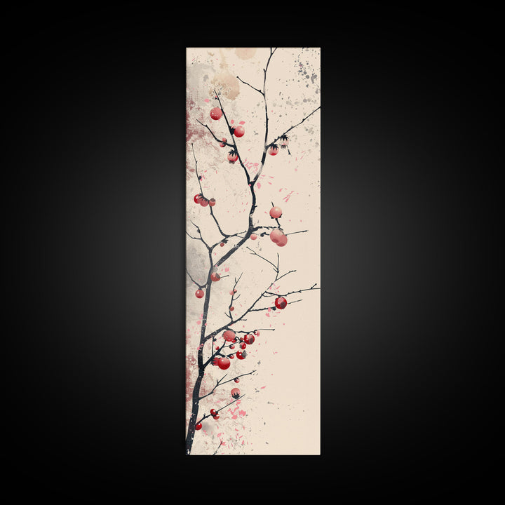 Minimalist Japanese Tree Branch With Red Berries, Ukiyo-e Woodblock Style Canvas, Framed Canvas Print, Japanese Tall Skinny Wall Art, Ready To Hang