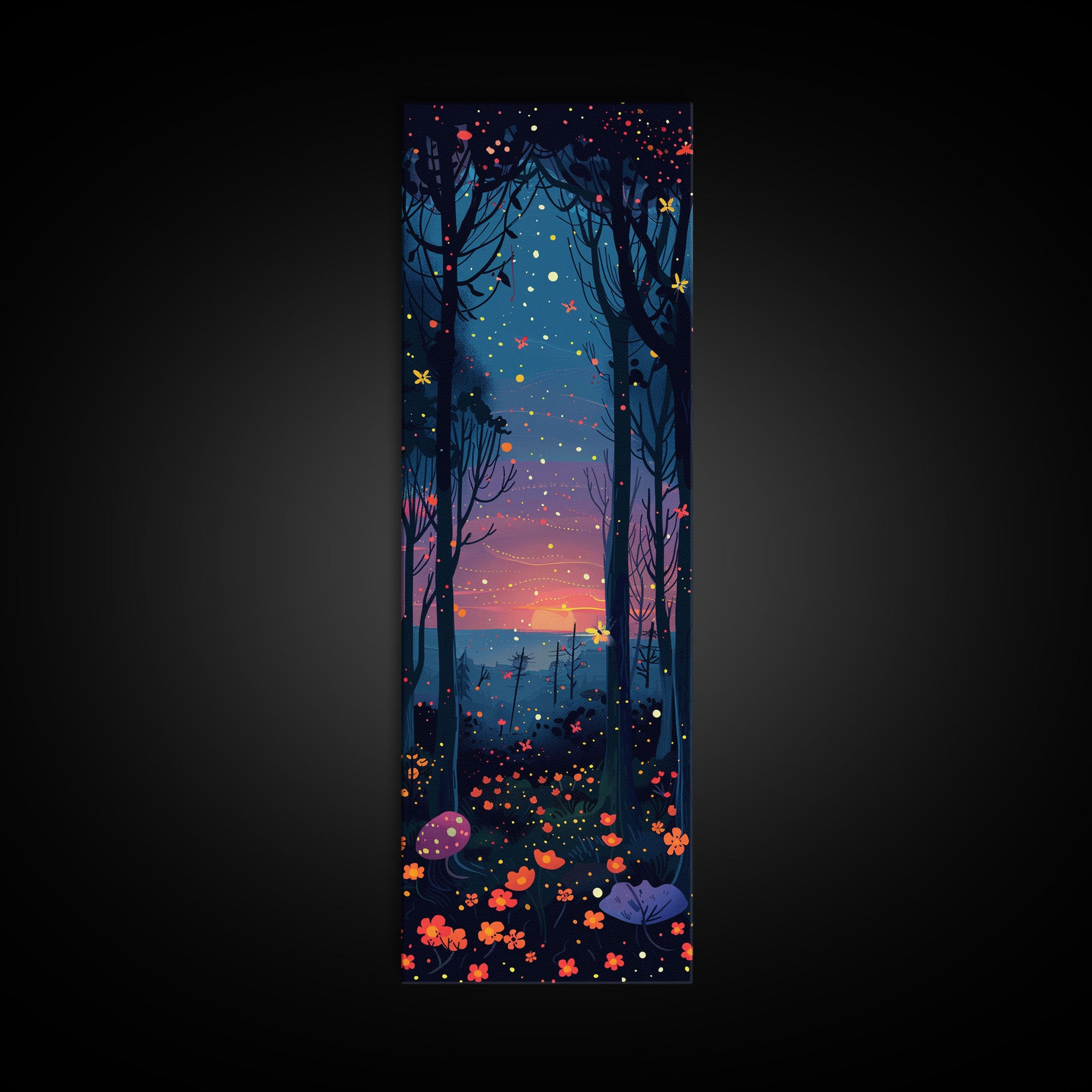 Majestic Nightfall Amidst Illuminated Trees Skinny Art Tall Art Framed Canvas Print Japanese Style Art Ukiyo-e Art Wood Block Print Tranquil Decorative