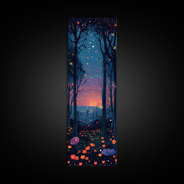 Majestic Nightfall Amidst Illuminated Trees Skinny Art Tall Art Framed Canvas Print Japanese Style Art Ukiyo-e Art Wood Block Print Tranquil Decorative