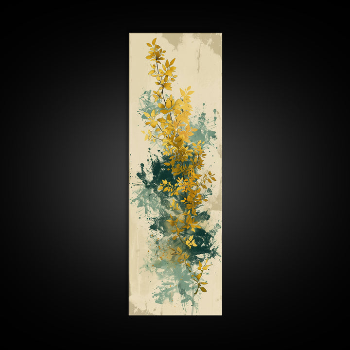 Golden Foliage Set Against Green Textured Background Skinny Art Tall Art Framed Canvas Print Japanese Style Art Ukiyo-e Art Wood Block Print Natural Elegant