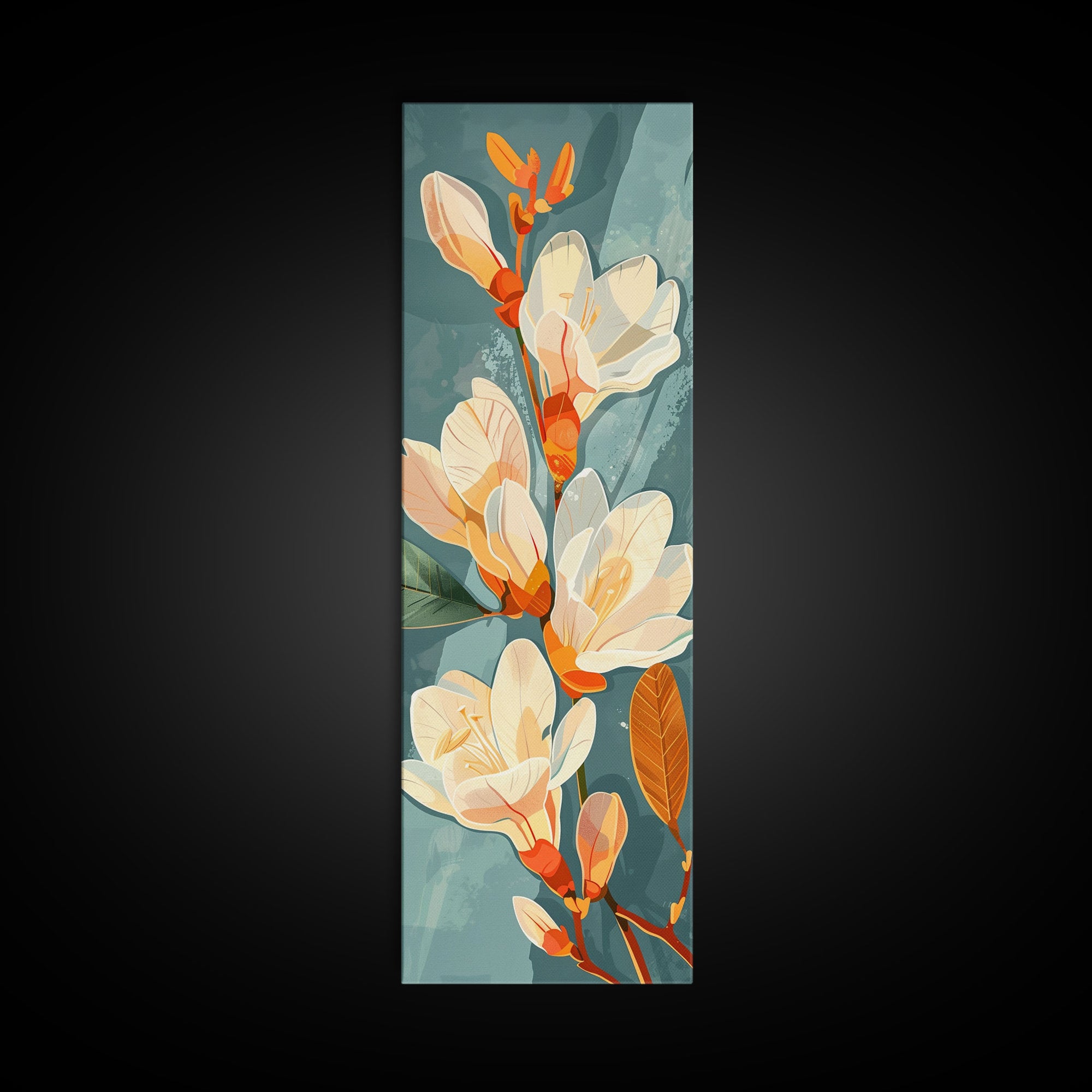 Light Cream Magnolia Blooms On Abstract Background Skinny Art Tall Art Framed Canvas Print Japanese Style Art Ukiyo-e Art Wood Block Print Delicate Decorative