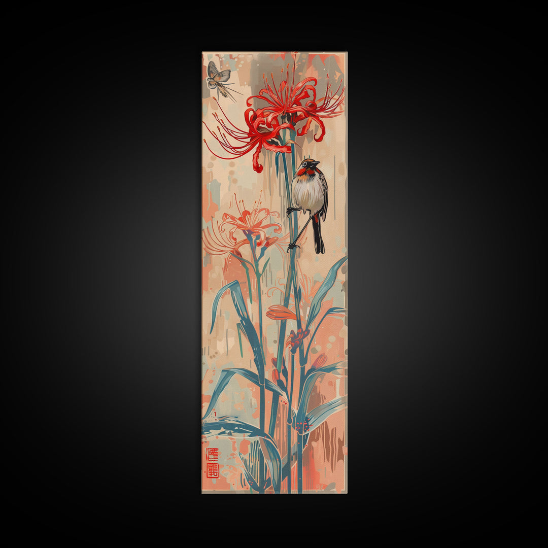 Bird Perched On Bright Red Lily Flower Skinny Art Tall Art Framed Canvas Print Japanese Style Art Ukiyo-e Art Wood Block Print Floral Detailed