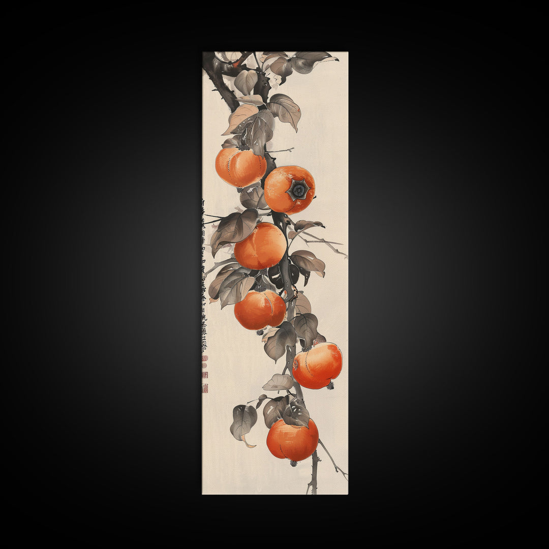 Bountiful Persimmons On Tree Branch Skinny Art Tall Art Framed Canvas Print Japanese Style Art Ukiyo-e Art Wood Block Print Seasonal Natural