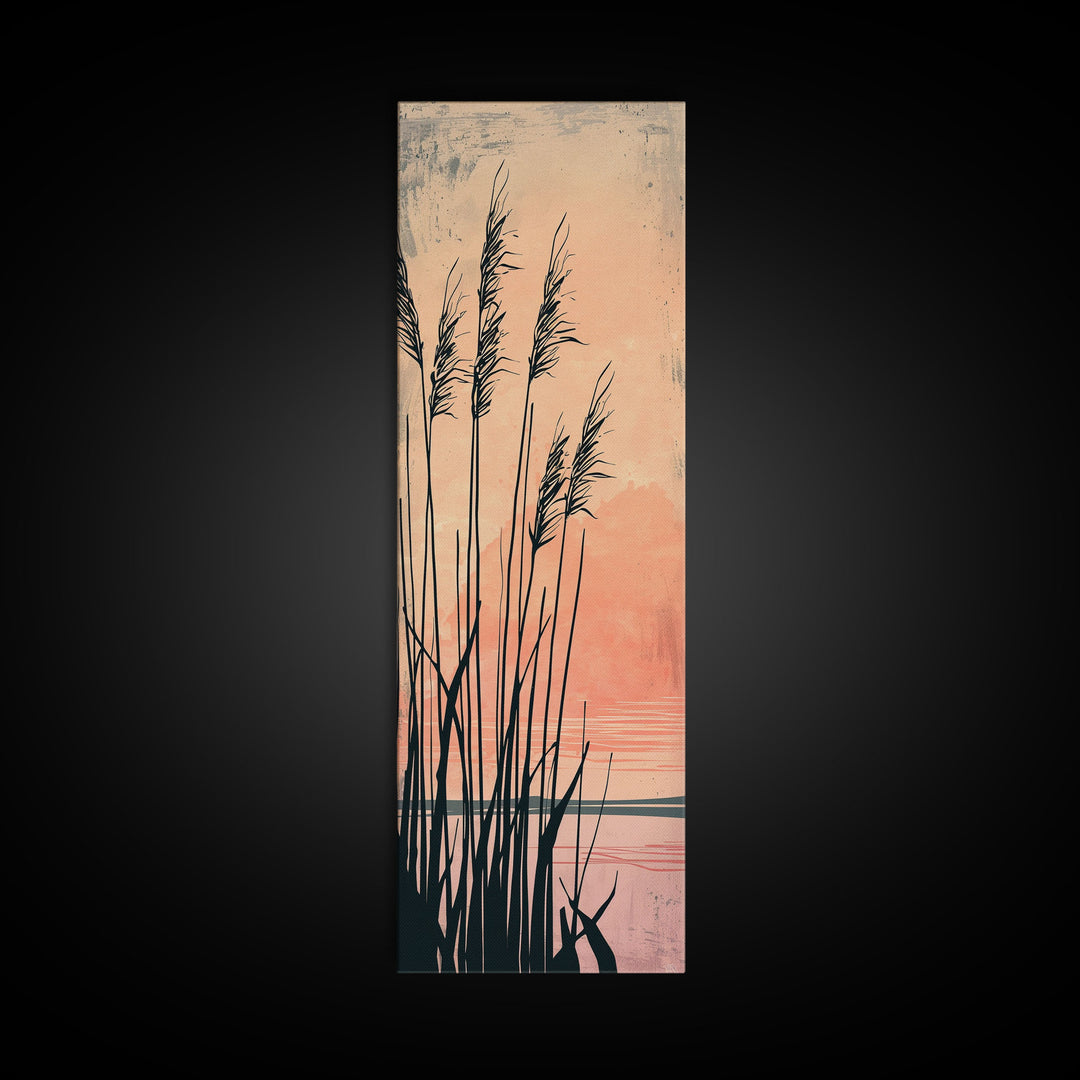 Reeds Silhouetted Against Soft Orange Sunset Skinny Art Tall Art Framed Canvas Print Japanese Style Art Ukiyo-e Art Wood Block Print Tranquil Scenic
