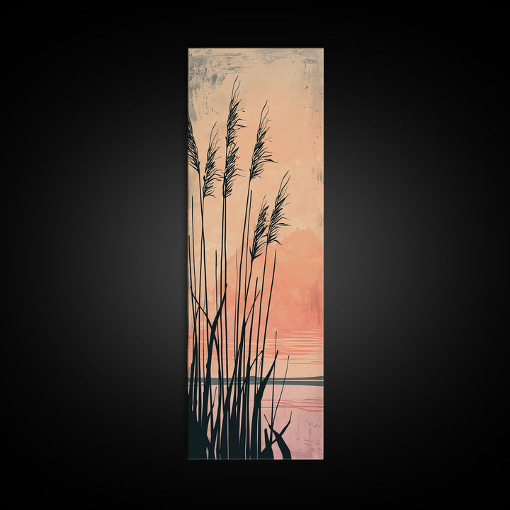 Reeds Silhouetted Against Soft Orange Sunset Skinny Art Tall Art Framed Canvas Print Japanese Style Art Ukiyo-e Art Wood Block Print Tranquil Scenic