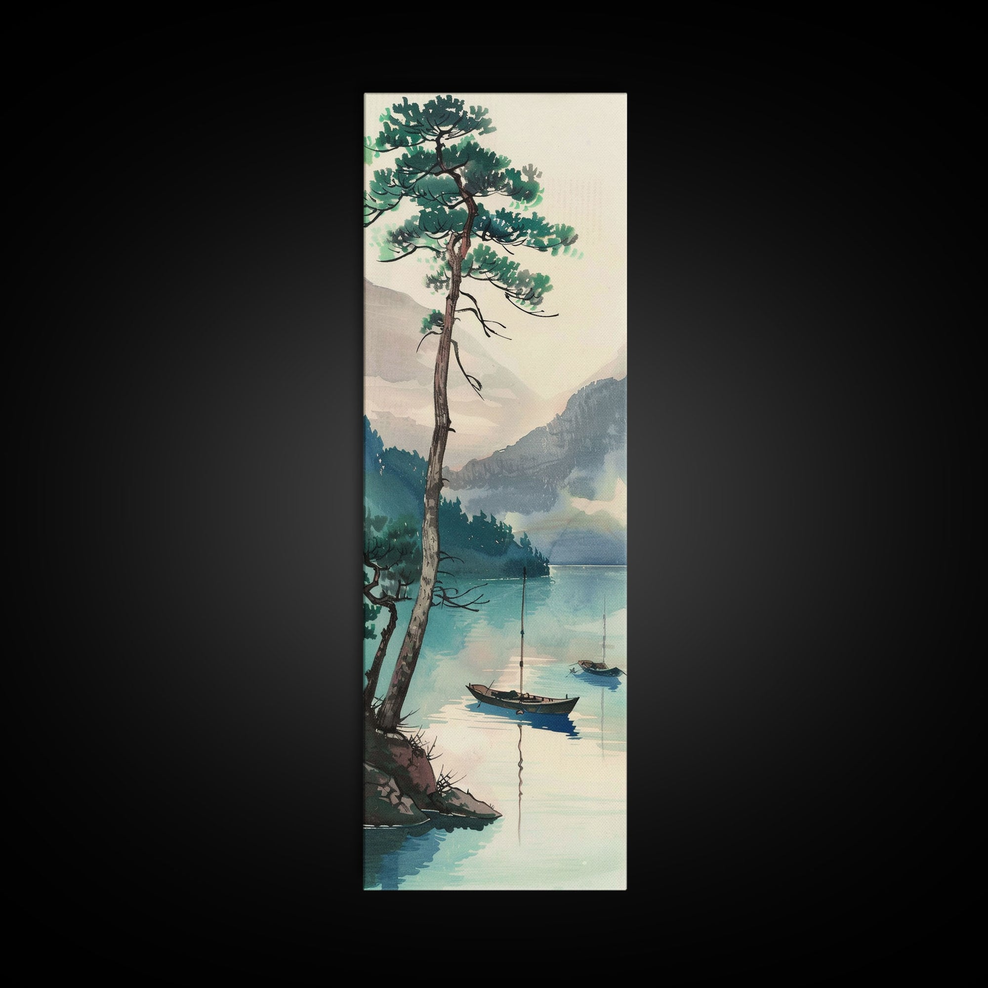 Framed Canvas Print Serene Lake Scene With Tall Pine Tree And Sailboats, Vintage Asian Landscape Art For Home Decor, Wall Decoration