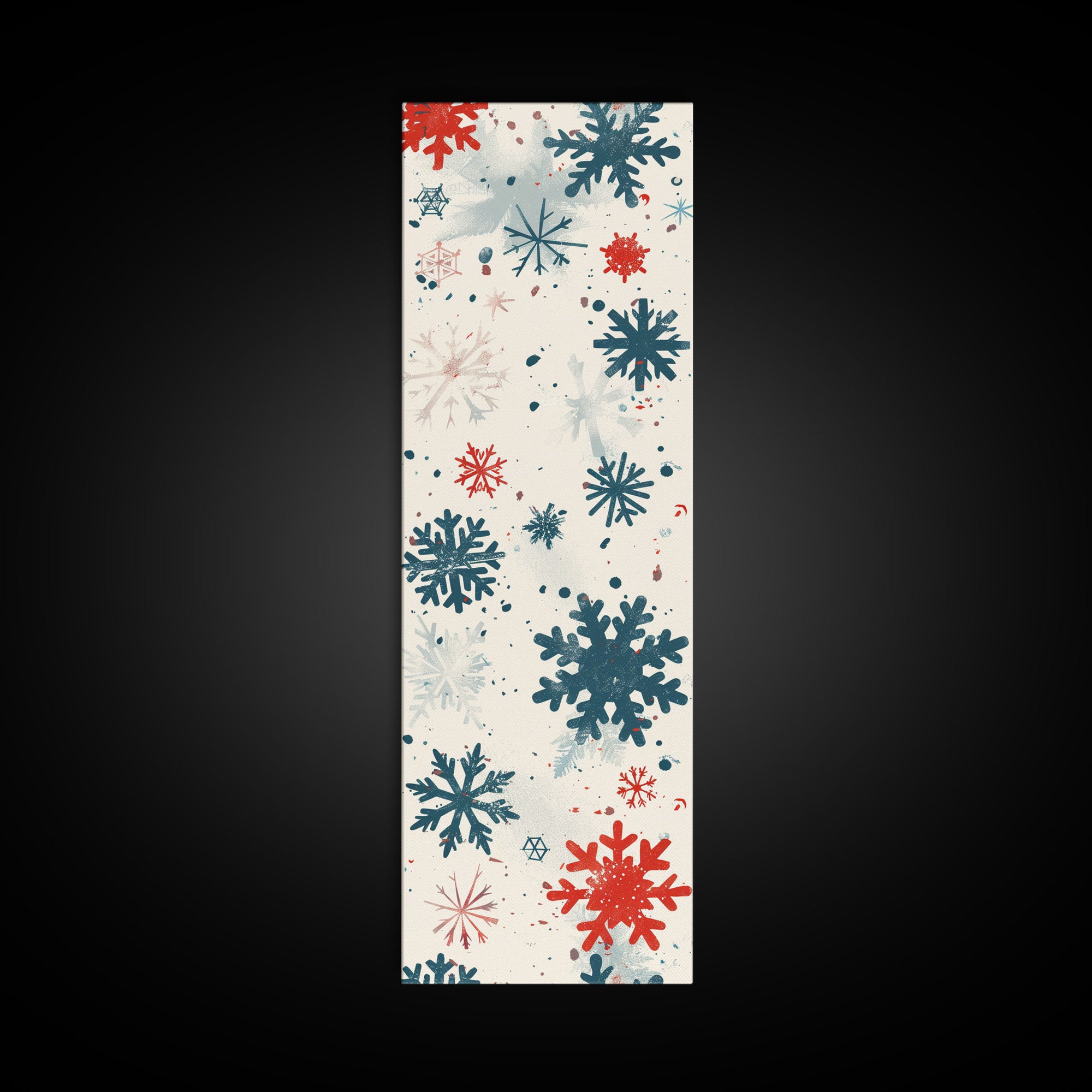 Festive Snowflakes In Red, Blue, And White On A Cream Background, Skinny Art Tall Wall Art Framed Canvas Print Japanese Style Art