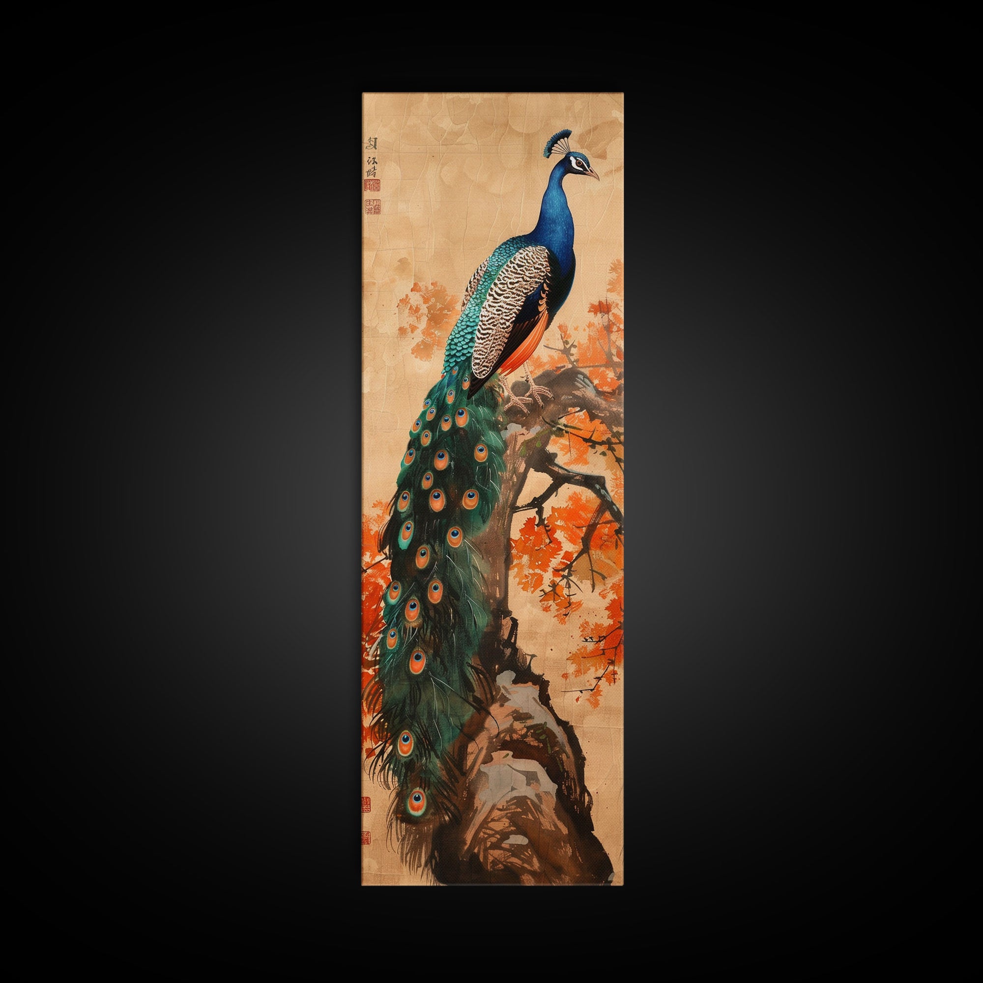 Majestic Peacock Perched On A Branch With Autumn Leaves, Skinny Art Tall Wall Art Framed Canvas Print Japanese Style Art